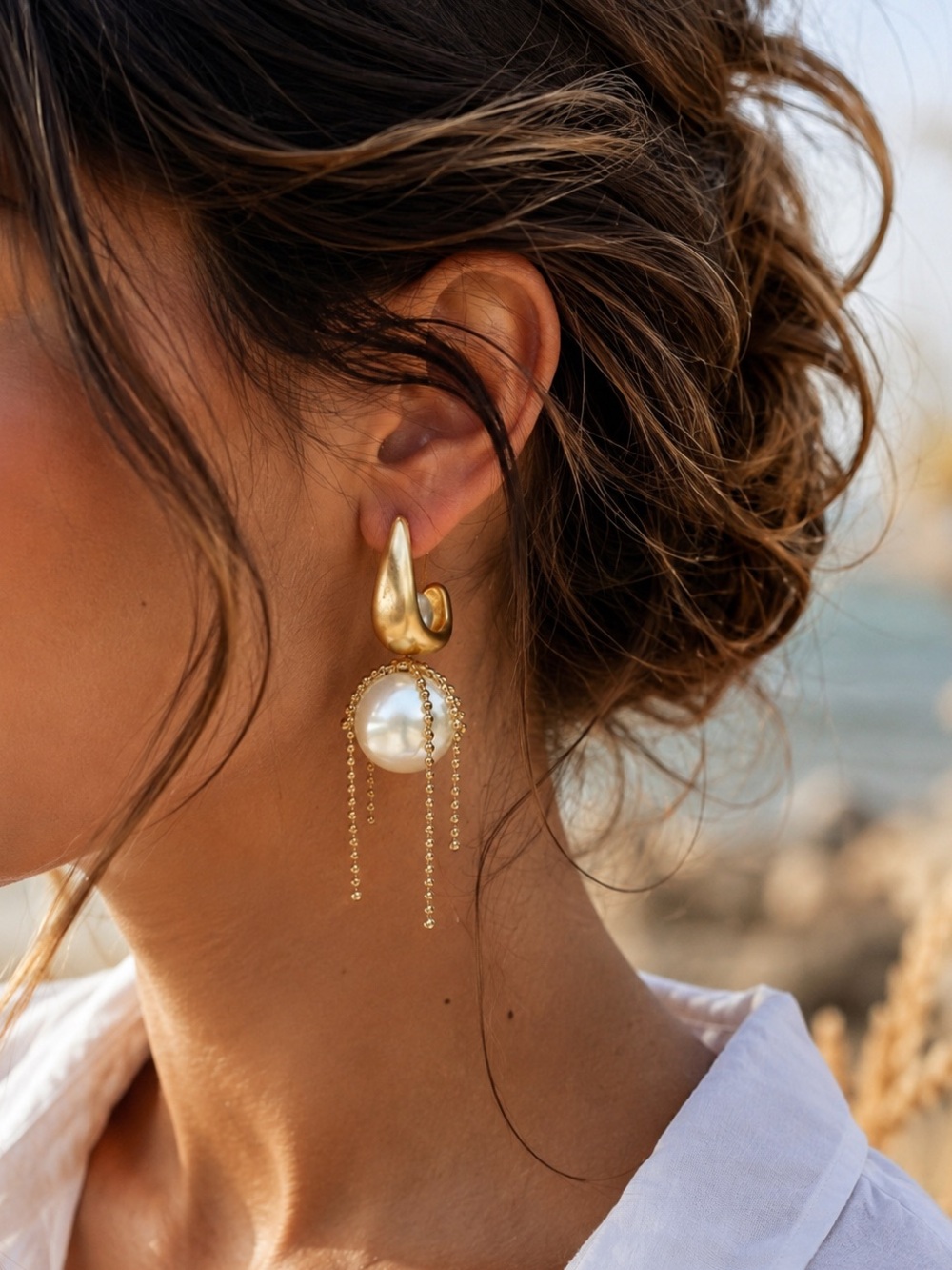 Anthropologie Gold Pearl Drop Earrings with Chain Tassels